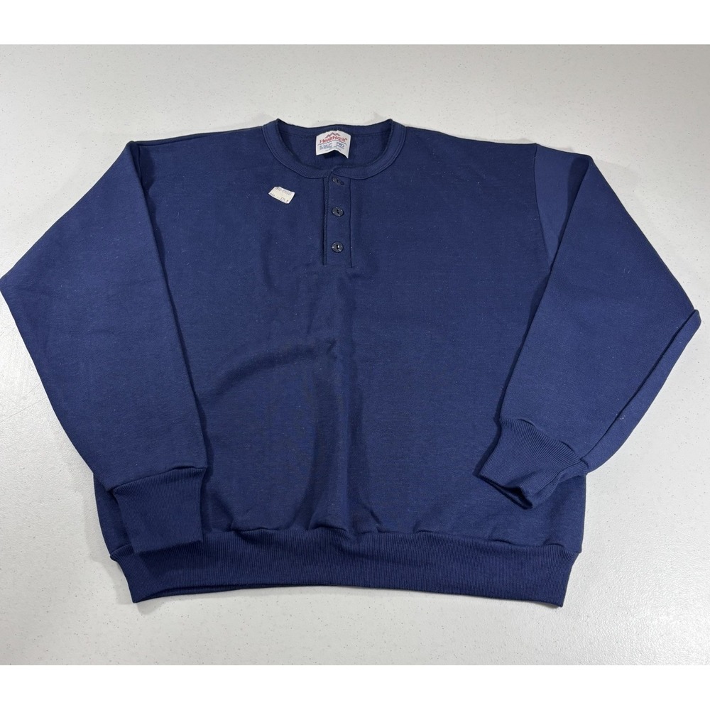 NEW! VTG 90s USA Made Healthknit Pro Weight Blue Henley Neck Pullover Sweatshirt